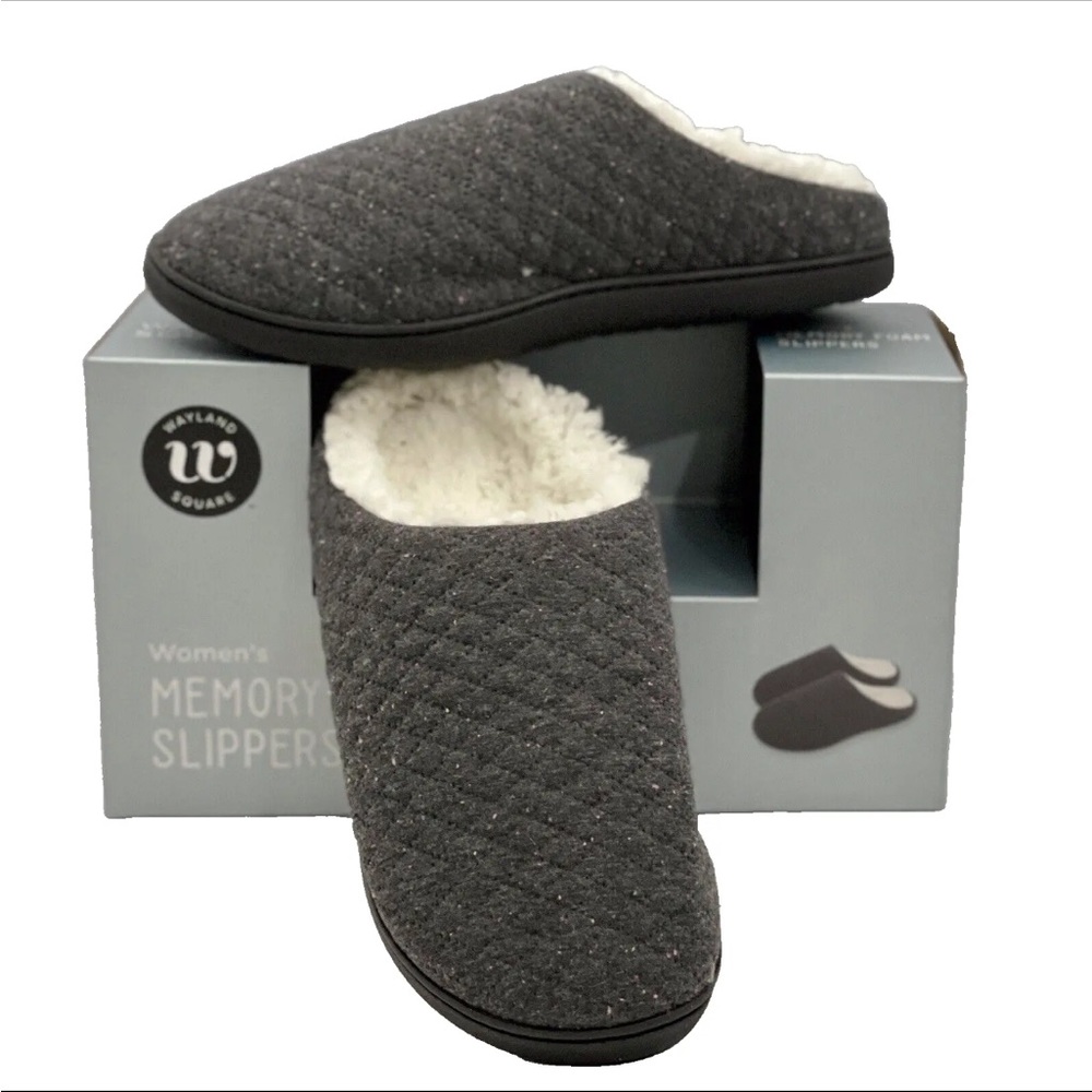 Memory Foam Slippers Charcoal Faux Fur NIB Wayland Square Womens Sz M 9-11